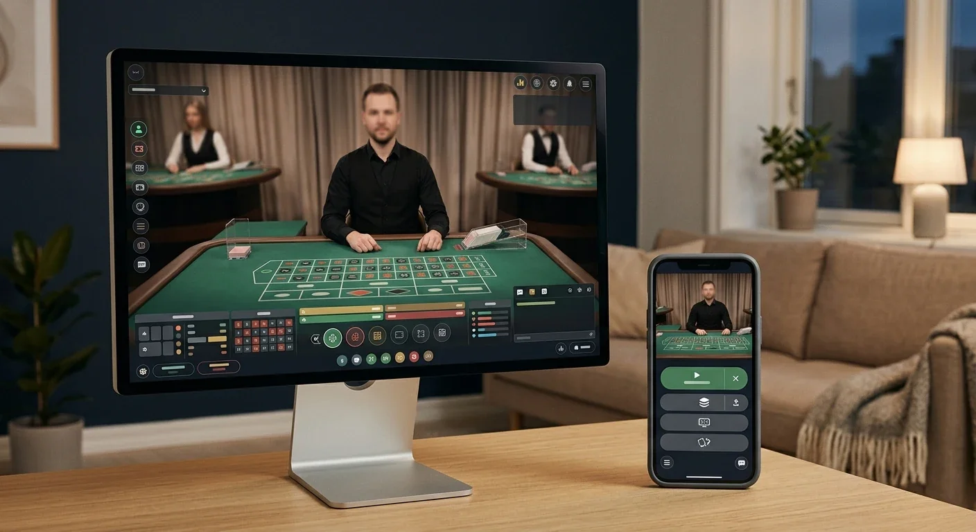 Neutral redaktionel illustration af et live dealer-bord vist på mobil og computer