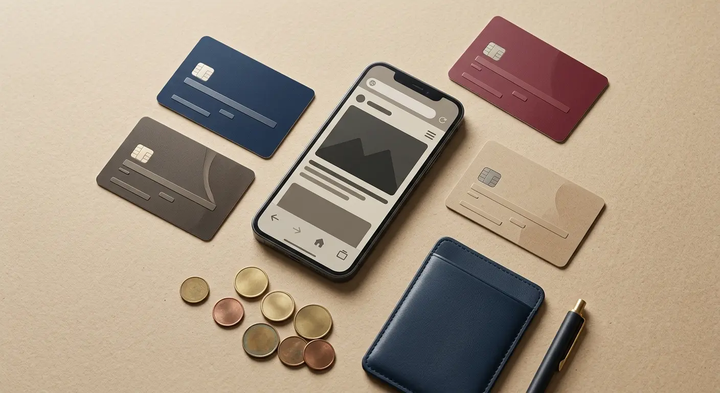 Redaktionel illustration af danske kroner, betalingskort og mobilbrowser